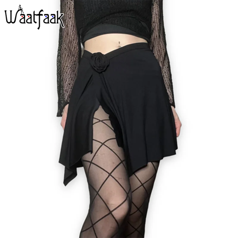 Waatfaak Dark Academia Mini Skirt Rose Patchwork Casual Low Waist Y2K Aesthetic Grunge Split Skirt Gothic Vintage Outfit Punk