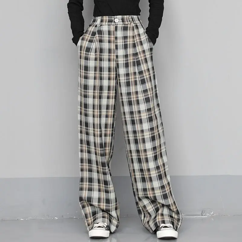 

Oversize Plaid Pants Women Casual Loose Wide Leg Trousers Ins Retro Teens Straight Trousers Hip-hop Unisex Streetwear J418
