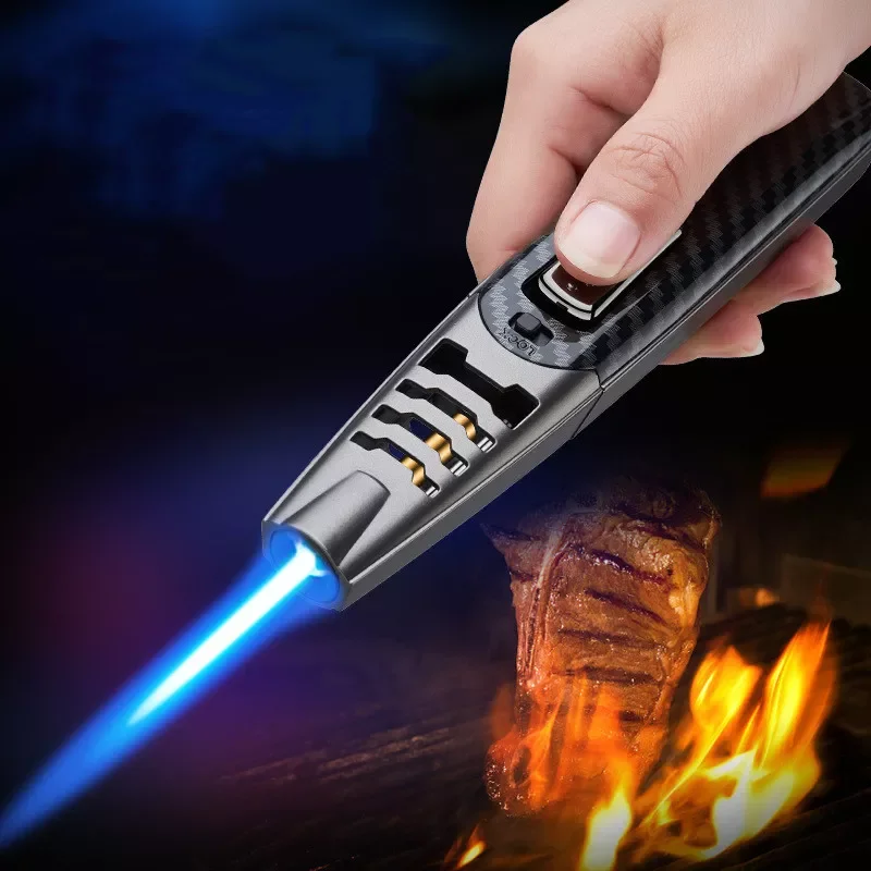 

2023 New Metal Windproof Butane Gas Lighter Blue Flame Torch Turbo Straight-through Lighter Outdoor Kitchen Barbecue Welding Too