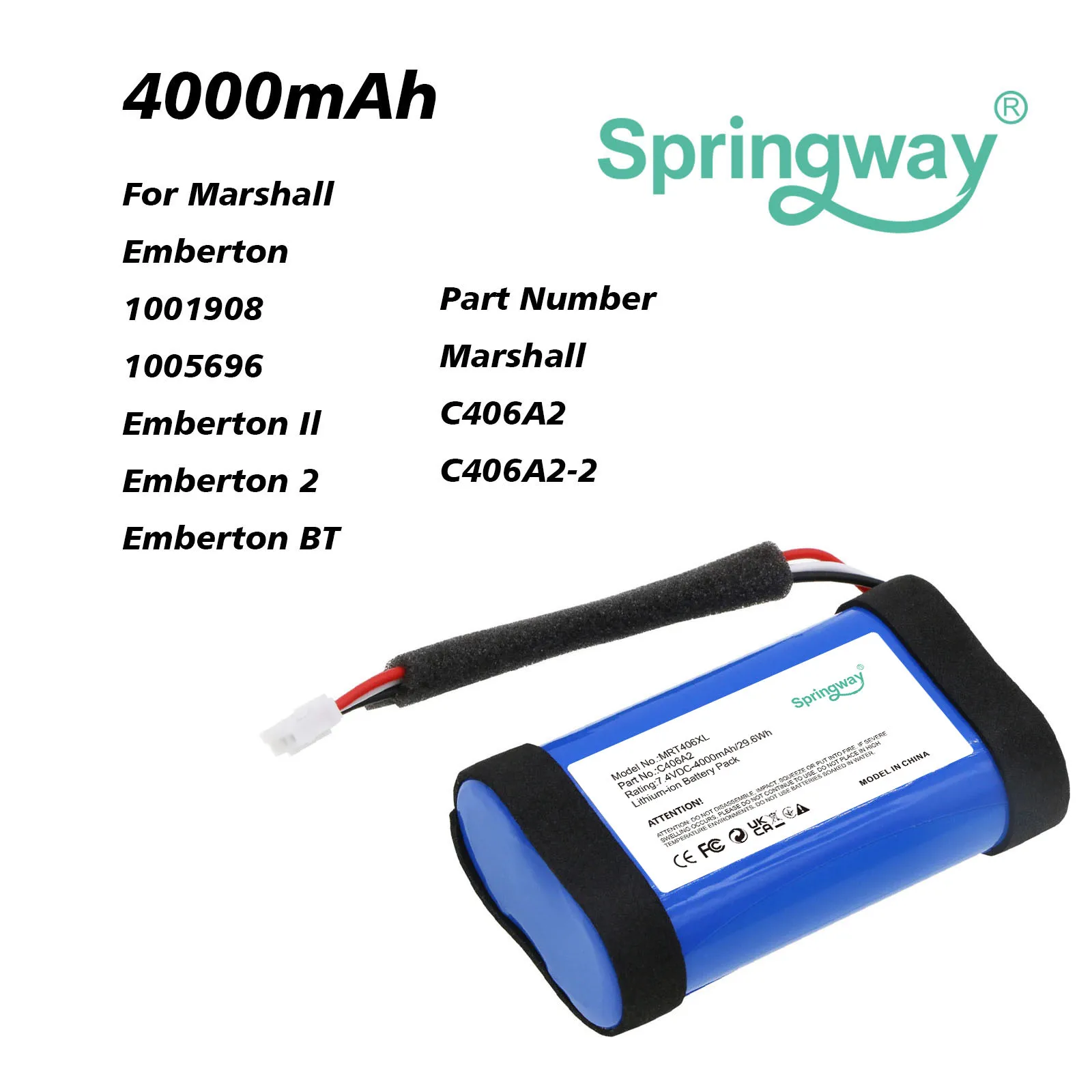 Фото Аккумулятор для колонок Marshall: C406A2, C406A2-2, Emberton, 1001908, 1005696, Emberton II, Emberton 2, Emberton BT, 4000 мАч №1
