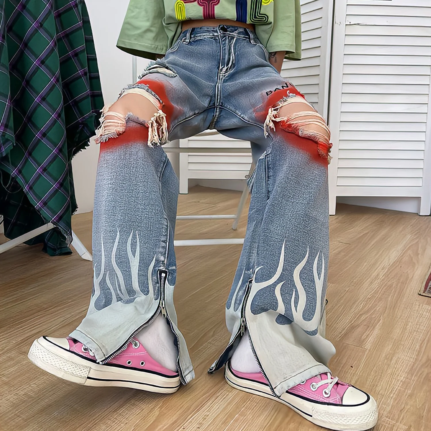 

Trend Denim Trousers Straight Leg Blue Ripped Jeans Women Summer Hippie Y2k Streetwear High Waist Zipper Baggy Wide Leg Pants