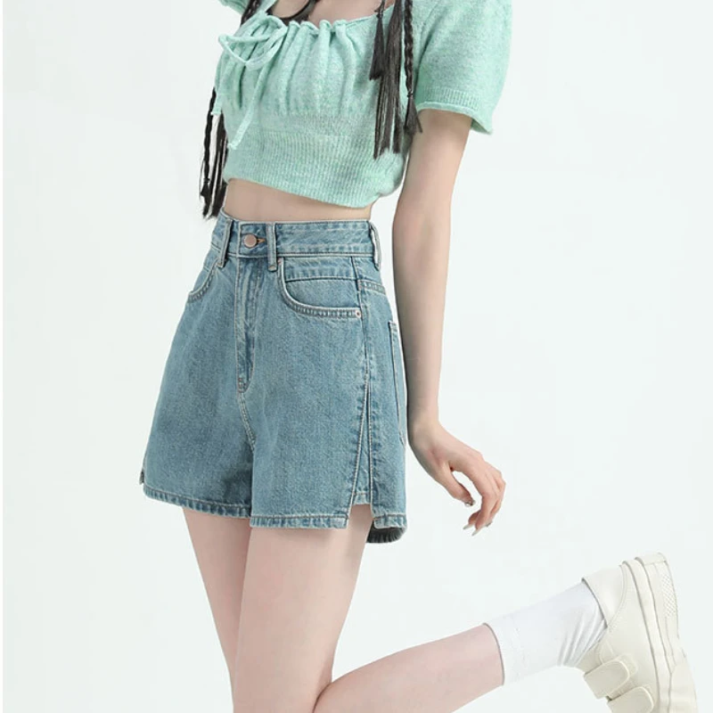 Slit Denim Womens Shorts Summer Straight Loose Wide Leg Pants High Waist Curly Edge A-word Large Size Design Sense Booty Shorts