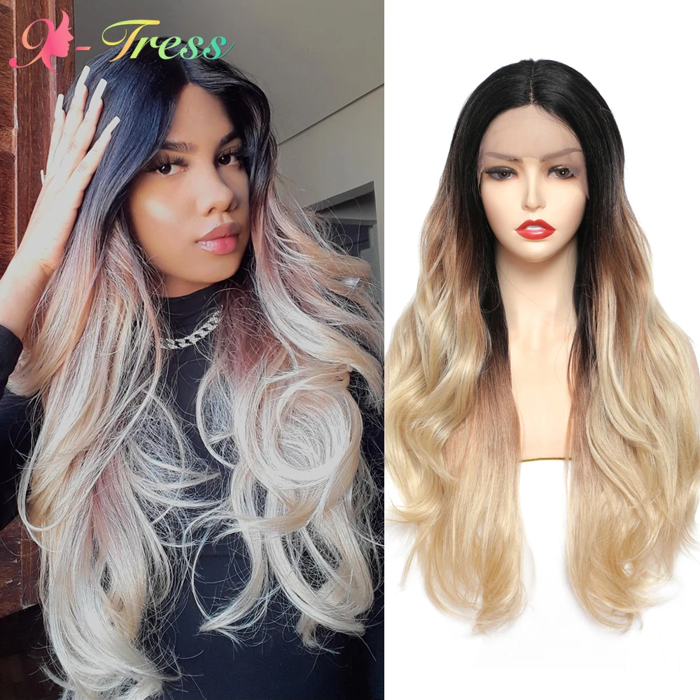 

Длинные волнистые синтетические кружевные передние парики для черных женщин, коричневый Светлый парик с эффектом омбре средней части, терм...