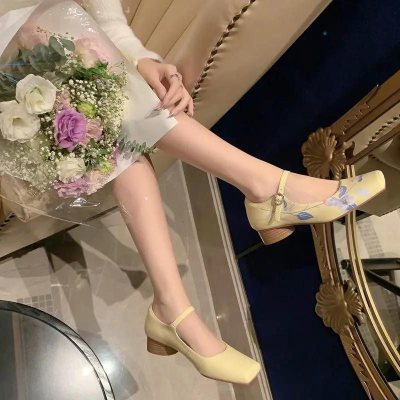 Size 33-40 Natural Genuine Leather Women Heels Shoes Print Designs Birthday Party Wedding Shoes Fashion High Heel Shoes