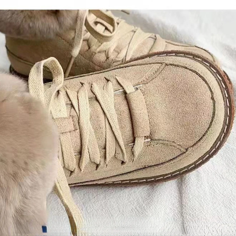 Snow Boots Women's Winter Plush Warm Cotton Shoes Women Lace-up Waterproof Non-slip Thick Bottom Rabbit Fur Boots Botas Mujer