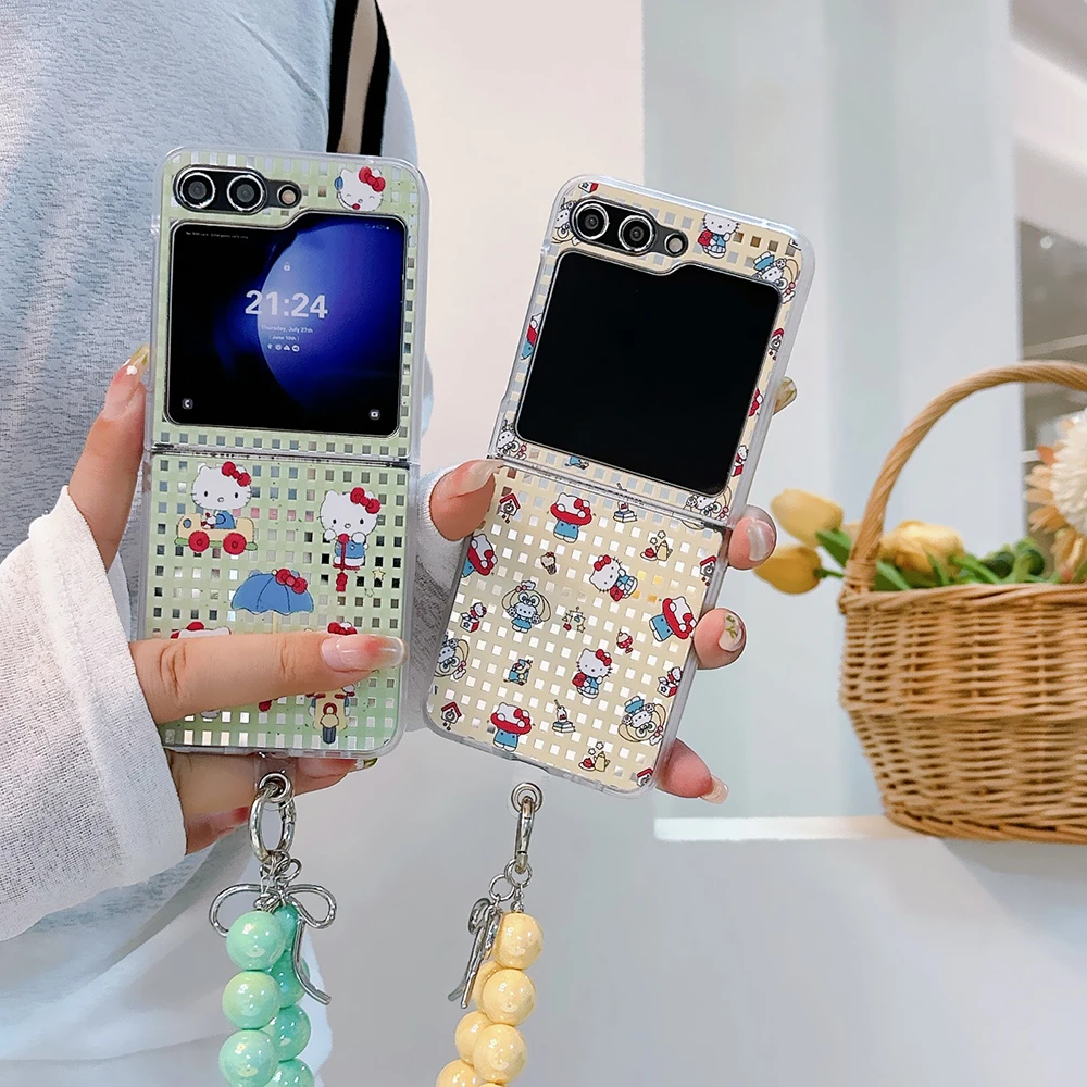 Милый чехол Hello Kitty с браслетом для телефона Samsung Galaxy Z Flip 3 4 5 6 5G PC жесткий