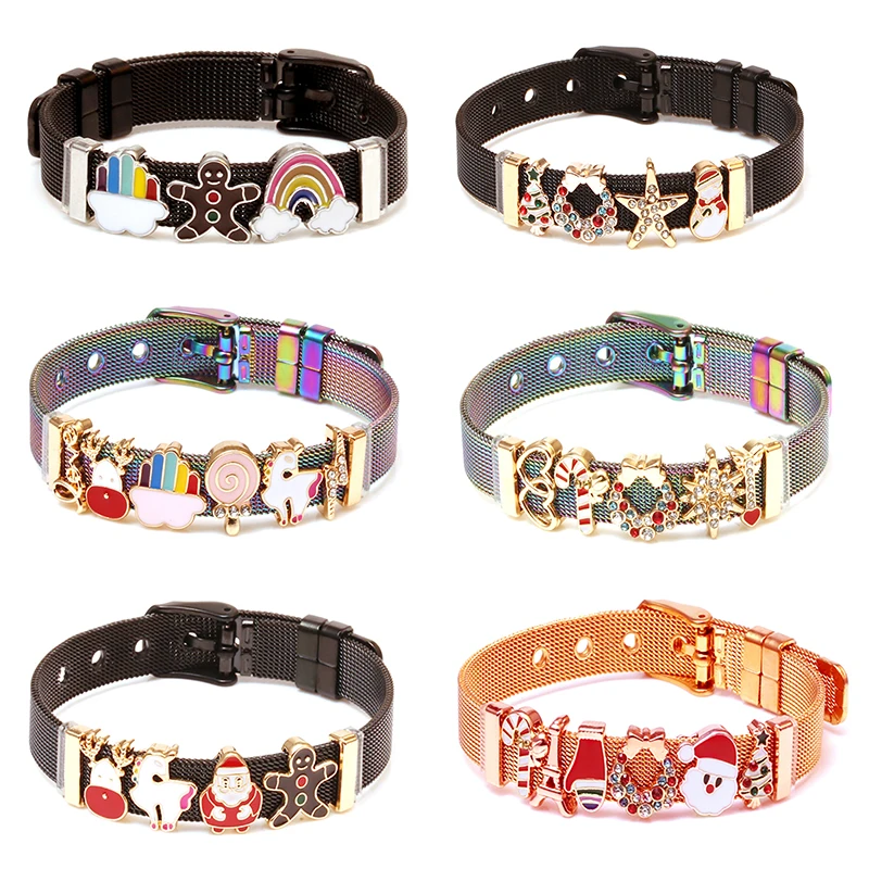 Женский браслет серебристого цвета из нержавеющей стали с сеткой и бусинами Деда Мороза