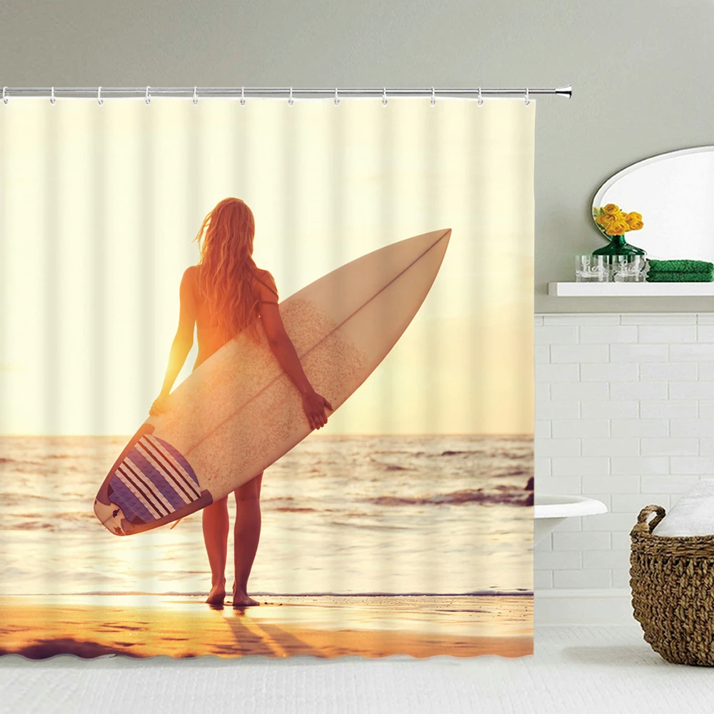 

Beach Scenery Style Shower Curtains Sea Ocean Mediterranean Bathroom Curtain Waterproof Cloth Decor Bathrooms Curtains 180X180