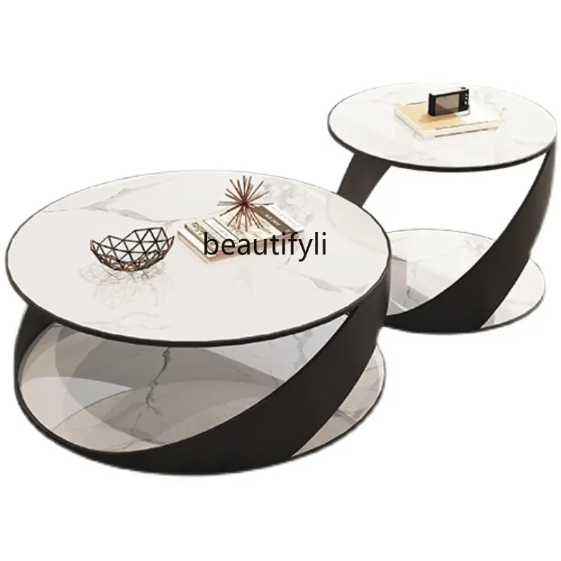 

zqItalian Minimalist Stone Plate round Coffee Table Combination Small Apartment Home Living Room round Tea Table Style Furniture