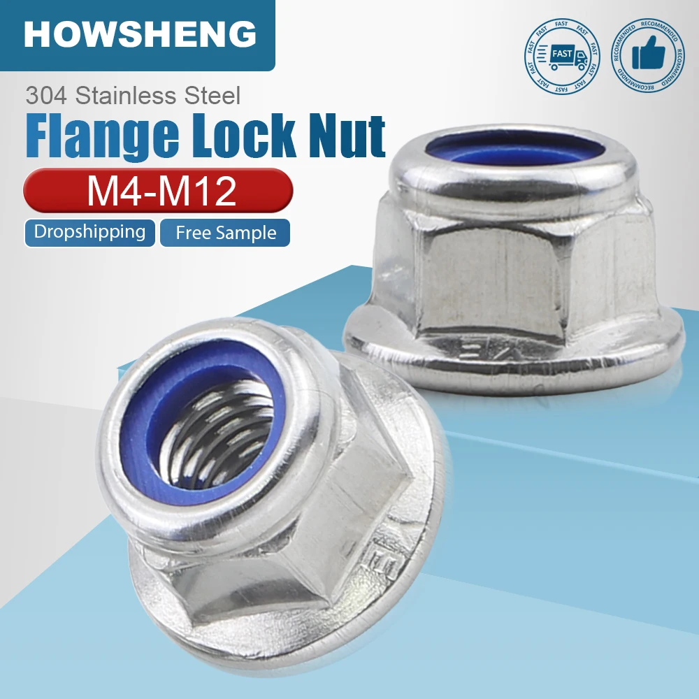 

HOWSHENG 1-20 шт. шестигранная фланцевая вставка, шпионковая гайка M4 M5 M6 M8 M10 M12, шестигранная нейлоновая самоконтрящаяся гайка из нержавеющей стали