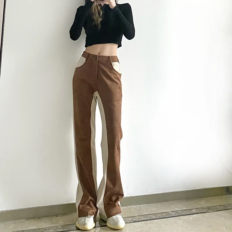 Color Blocking Micro Speaker Fashion Versatile Casual Pants for Women New High Waisted Slim Fit