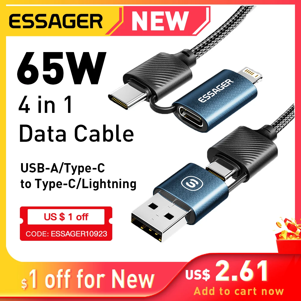 

Essager 4 in 1 USB C Lightning Cable 65W PD Fast Charging Wire for iPhone 14 13 Pro Max iPad HUAWEI Xiaomi Tablets Type C Cable