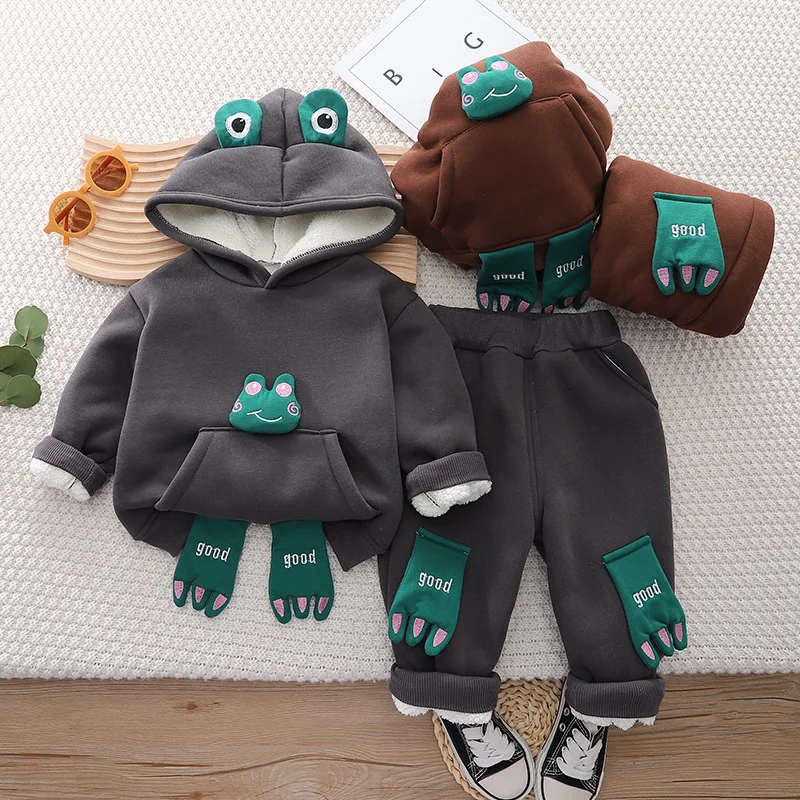 

Зимняя детская флисовая толстовка с капюшоном и длинными рукавами для мальчиков + плотные брюки костюм с мультяшным принтом для мальчиков Одежда для мальчиков детская одежда