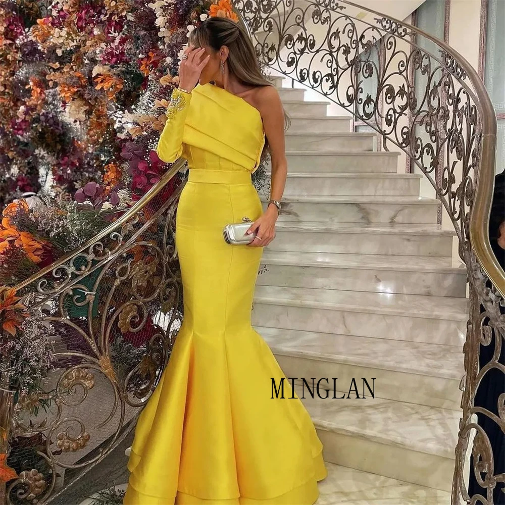 

Элегантное желтое плиссированное платье MINGLAN на одно плечо, длинное платье-Русалка для выпускного вечера, в пол, со шлейфом, Модные Формальные платья, новинка 2023