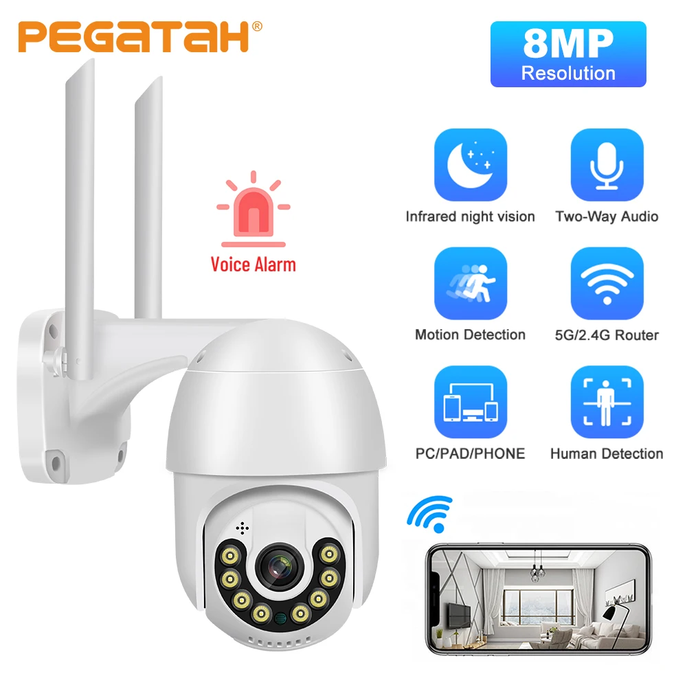 

PEGATAH 8MP Wifi PTZ Camera Outdoor Speed Dome Home Surveillance Camera H.265 Onvif Auto Track Night Vision P2P Video IP Cameras