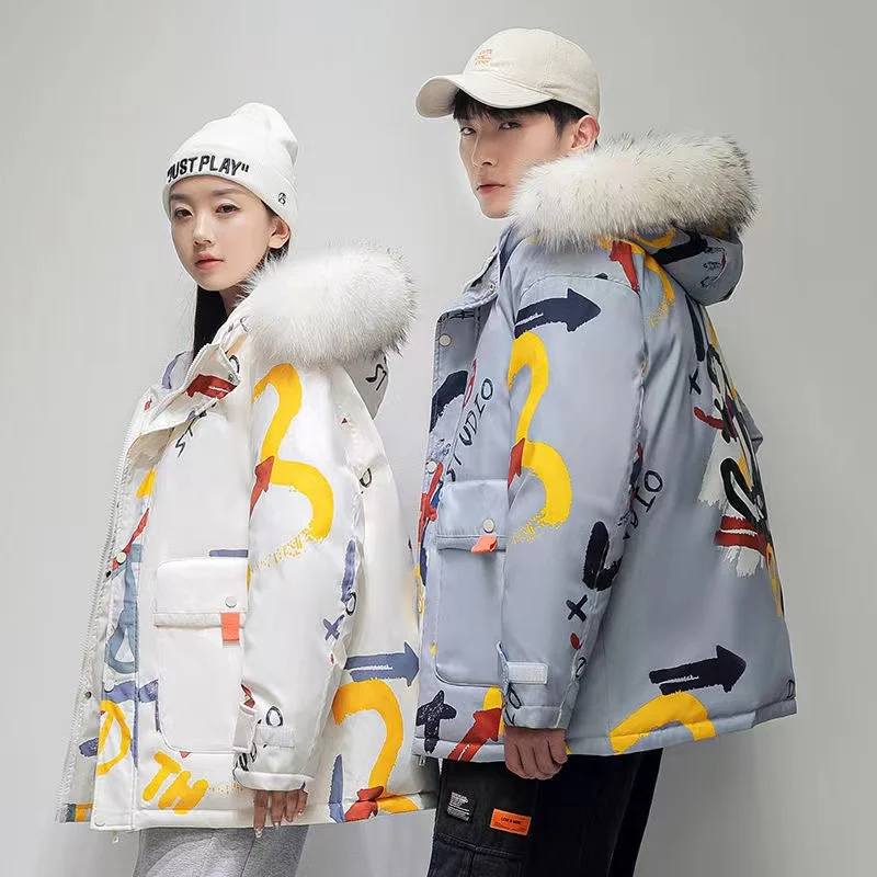 2022 Girl's Duck Down Jacket Winter Fashion Graffiti Print Luxury Fur Collar Hooded Puffer Jacket Couples New Thicken Warm Coats