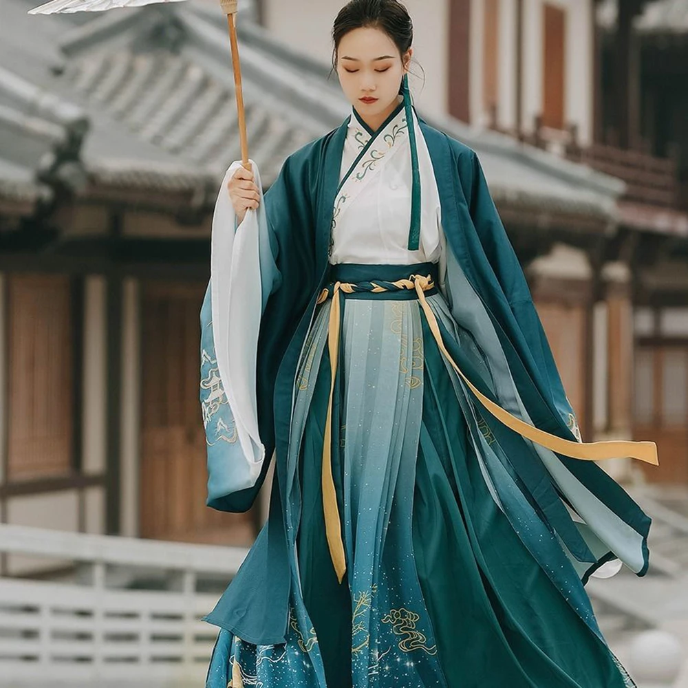 שיפוע ירוק איילים רקמת נשים Hanfu בגדים מסורתי Hanfu סט סיני שמלת קרנבל Cos תלבושות