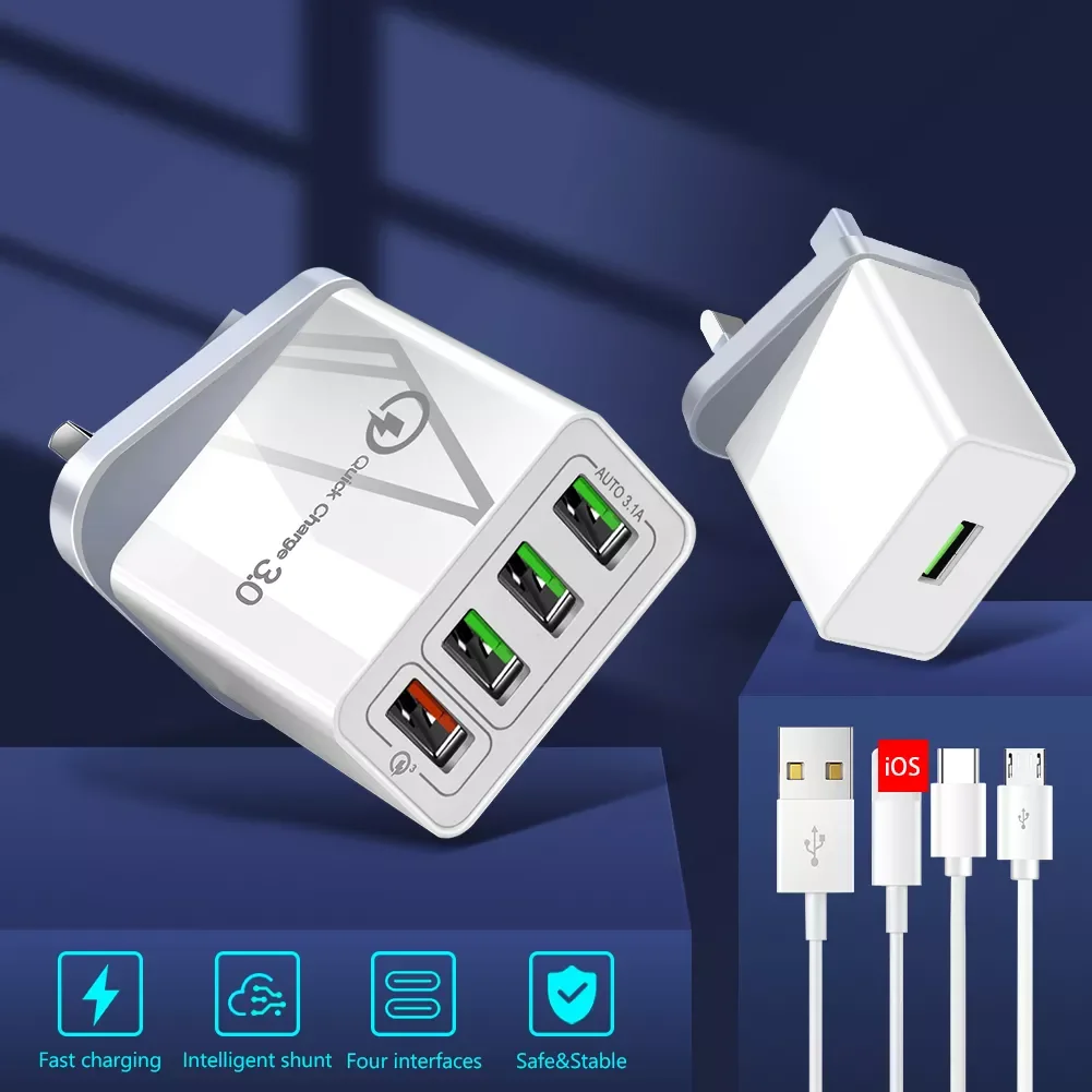 

2.4/3A 5V 1/4 USB QC 3.0 UK Plug USB Charger With Cable Quick Charge 3.0 Phone Adapter Wall Mobile Phone Charger Fast Charger