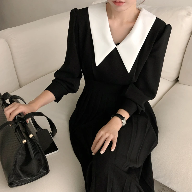 

Elegant Pleated Women Spring A-Line Long Sleeve Midi Office Patchwork Dress Autumn