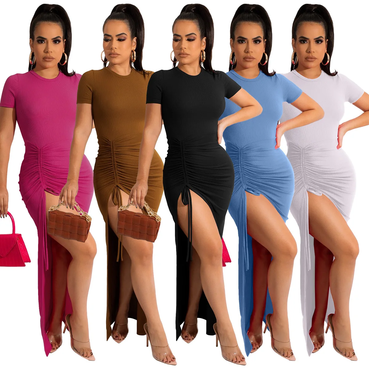 

Hot 2022 Women Knitted Maxi Dress Spring New Drawstring Bodycon Dress Solid Striped Short Sleeve Party Elegant Dress Sexy Dress