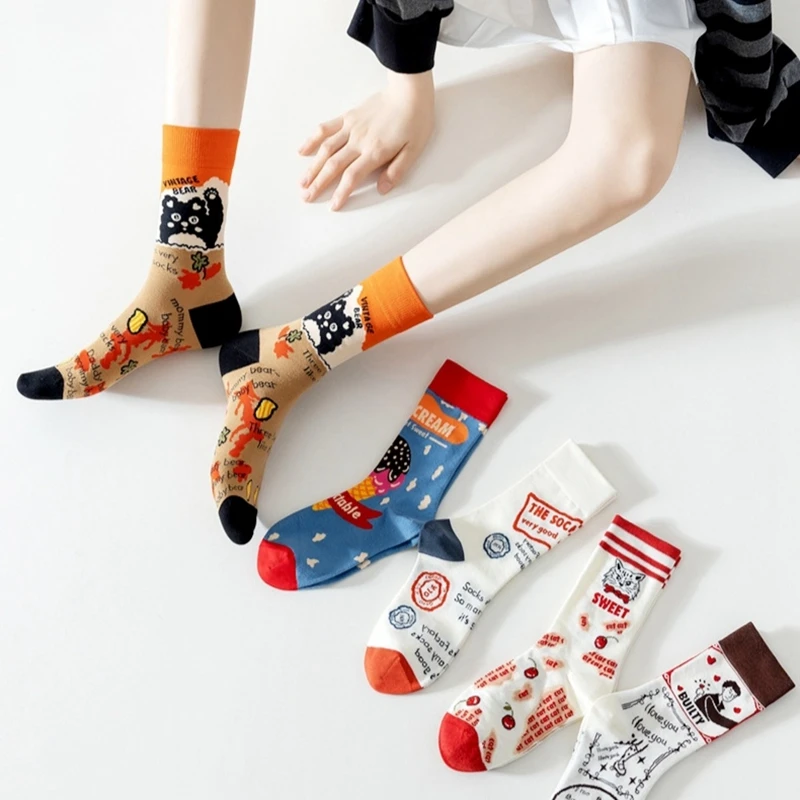 5Pairs/Set Retro Cotton Socks for Women Street Fashion Cartoon Painting Printed Crew Socks Unisex Middle Tube Men Sport Sox