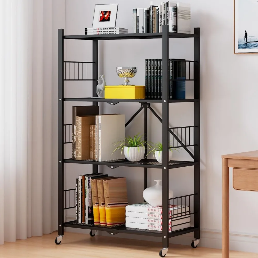 

MOLYHOM Folding Storage Shelves, 4-Tier Metal Collapsible Shelves with Wheels, Shelving Units and Storage Rack