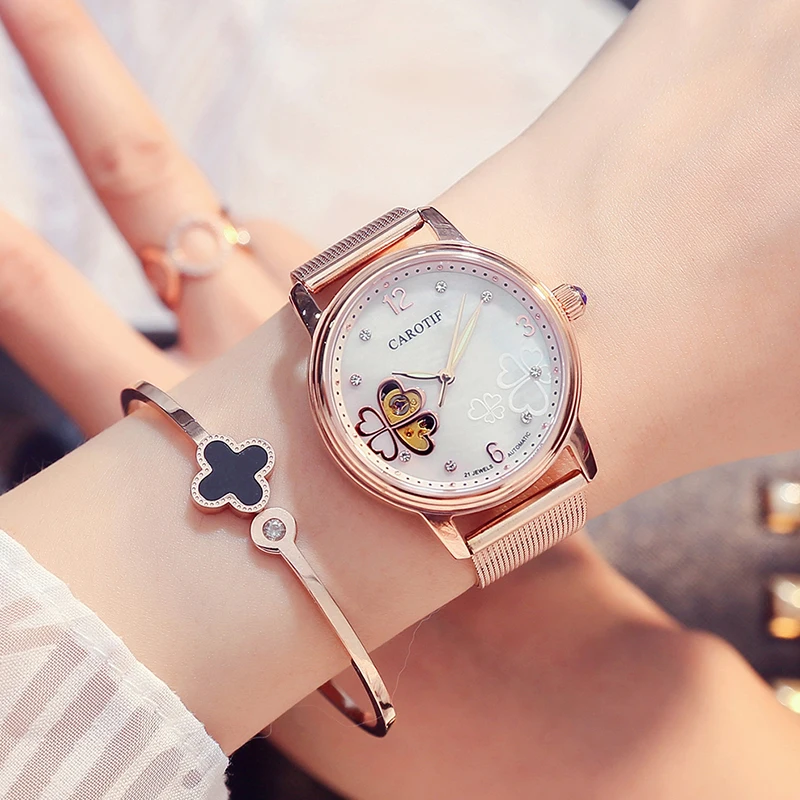 Часы женские механические водонепроницаемые с турбийоном под розовое золото -