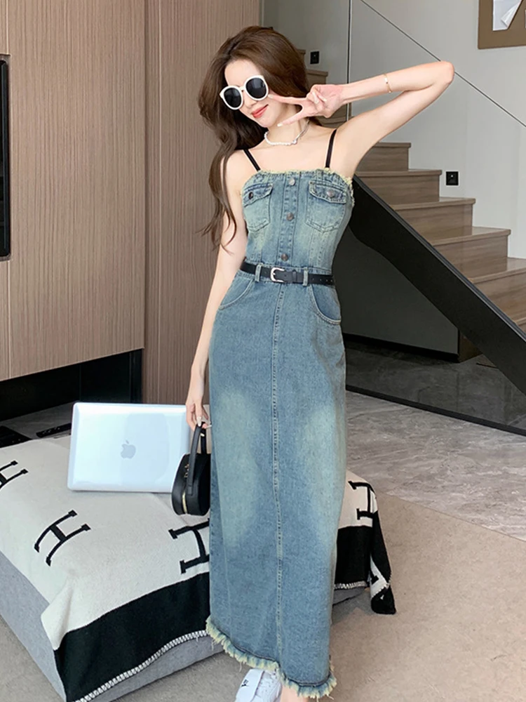 

New Summer Y2K Denim Long Dresses For Women Lady Preppy Casual Retro Sexy Chest Wrapped Slim Maxi Mujer Vestidos Street Clothing