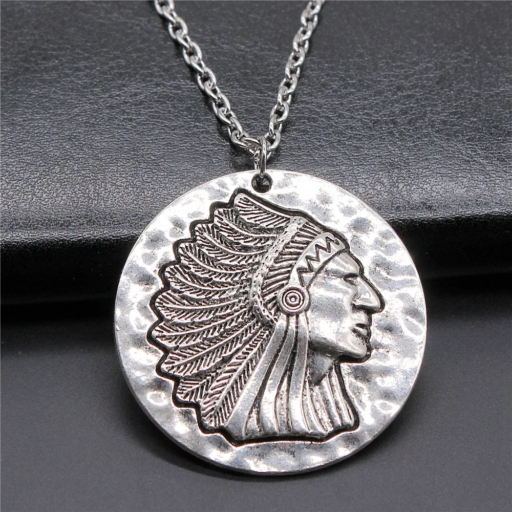 Винтажное ожерелье серебряного цвета с подвеской в виде головы индейки 42x42 мм для женщин и мужчин, длинная цепь, модные ювелирные аксессуары
