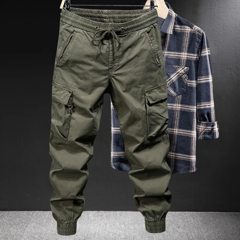 2023 Spring  new overalls men's tide brand loose bundle feet outdoor mountaineering tactics American multi-pocket casual pants images - 6