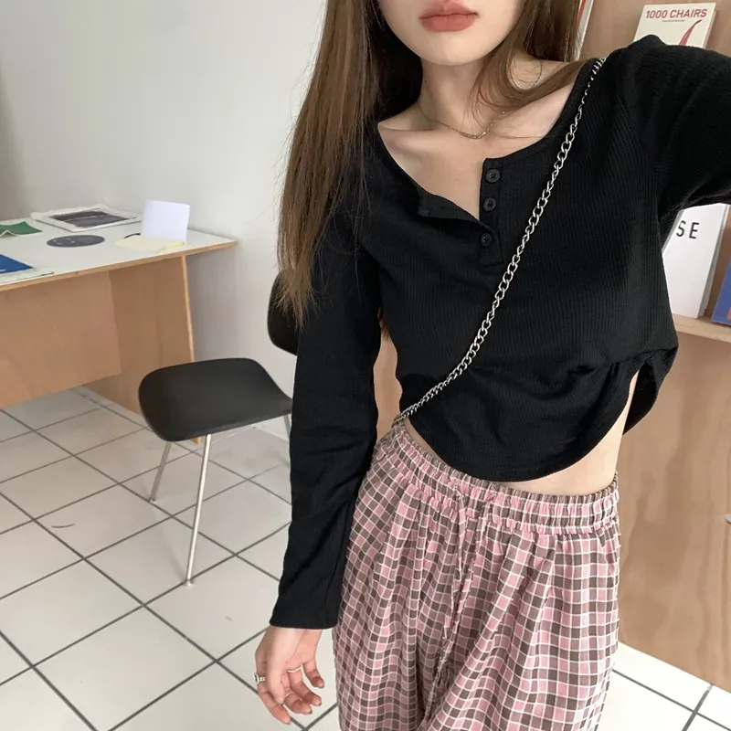 

Футболка с V-образным вырезом, женская короткая рубашка с длинным рукавом, дизайнерский нишевой Топ