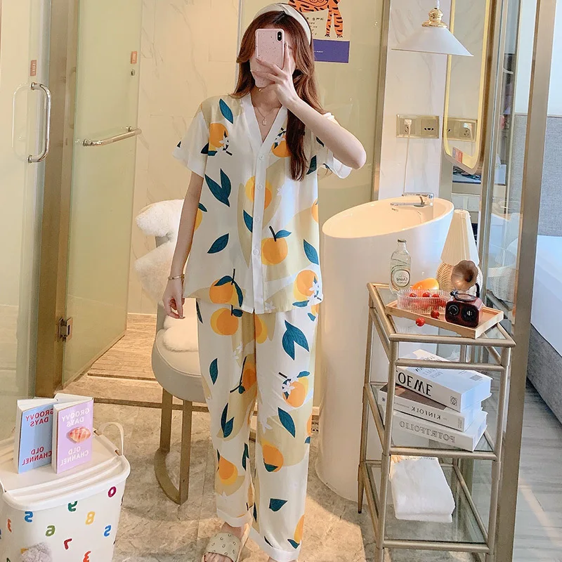 Womens Thin Cotton Pajamas Set  Pyjamas Set Ladies Super Soft Sleepwear Short Sleeve Button Down Nightwear with Long Pants 2pcs