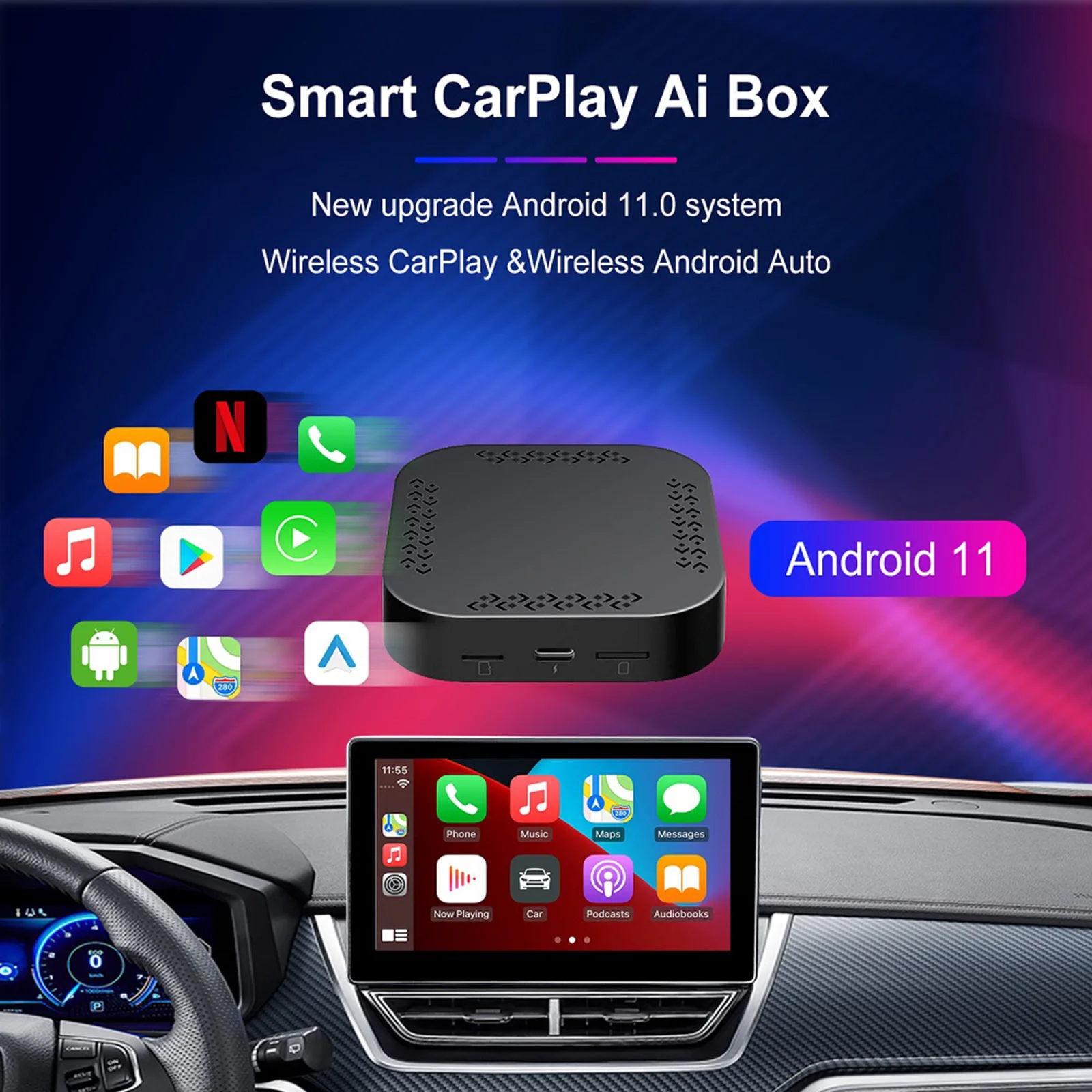 

32G Android 11.0 Wireless CarPlay AI Box Android Auto Automotive Multimedia Player Support YouTube Netflix Download APP