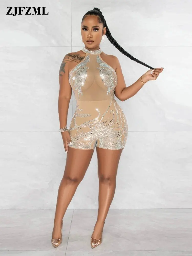 

Полуночная сетка, популярный бриллиантовый дизайнерский клубный комбинезон, женский комбинезон 2023 года без рукавов с открытыми плечами, ро...