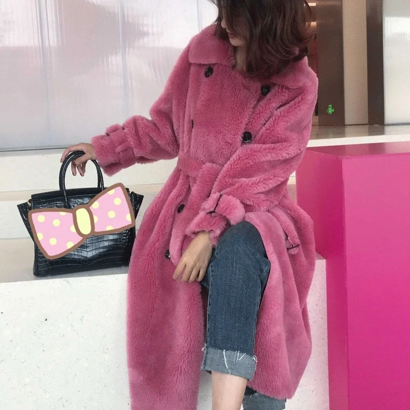 Fashion Winter Grainy Shearing Coat Ladies Wool Coat Ladies Elegant Double-breasted Long Warmth Ladies Casual Lambskin Coat