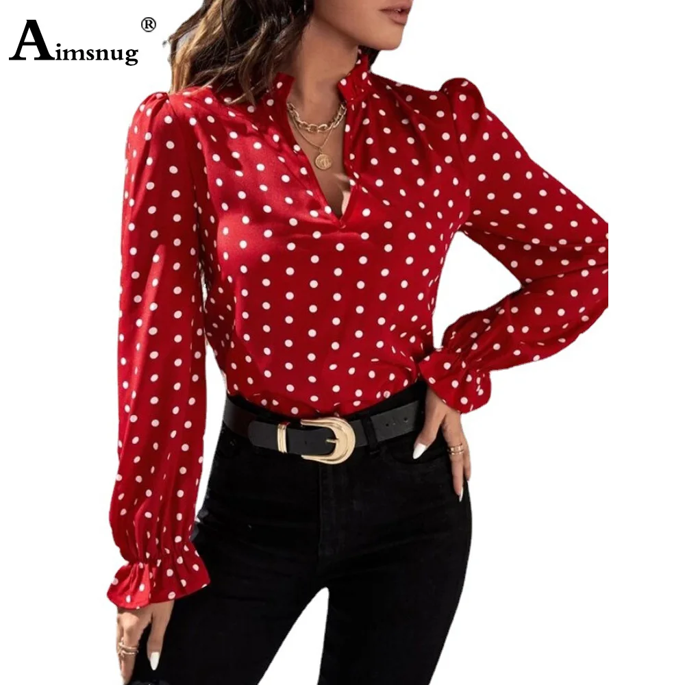 Womens Eleagnt Chiffon Tops Long Sleeve Blouse Sexy V-neck Bilateral Camisa blusas Women Casual Polka Dots Shirts Clothing 2023