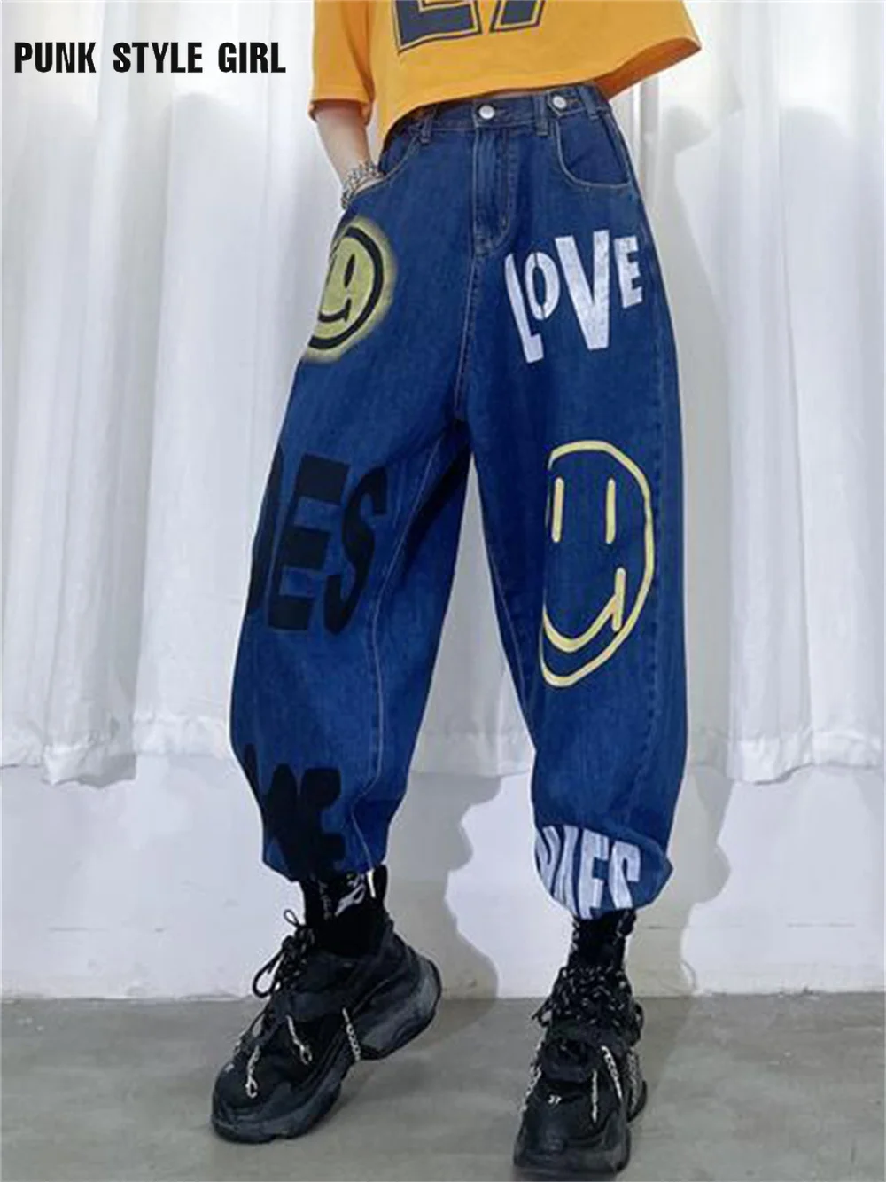 

Graffiti Smiley Y2k Jeans Print Hippie Baggy Cargo Pants High Street Cyber Denim Trousers Hip Hop Loose Letter Straight Pants BF