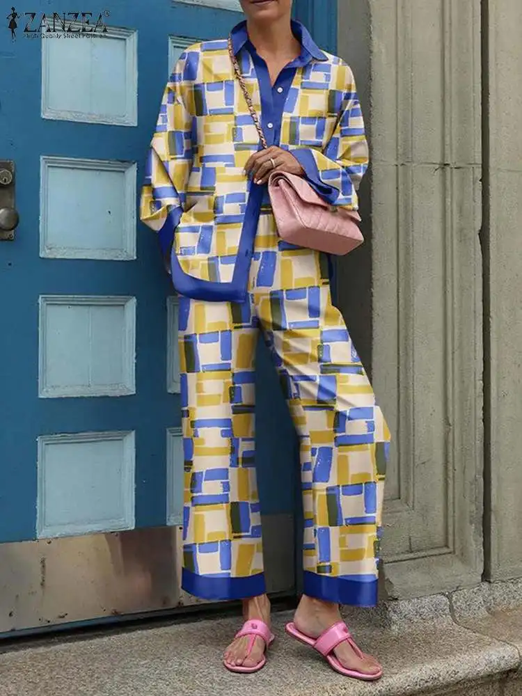 

ZANZEA Holiday Printing Tracksuits Women Fashion 2pcs Outfits Color Blocking Elastic Waist Pant Matching Sets Casual Pant Sets