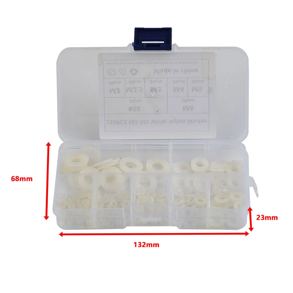 

250pcs Washers Tool White Assortment Bolt Equipment Flat Gasket M2 M2.5 M3 M4 M5 M6 M8 Nylon Durable Practical
