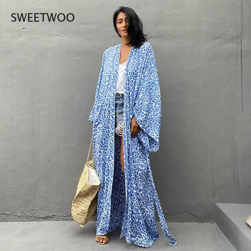 

2022 Women's Blue Printed Bikini Cover Up Blue Tunic Summer Swimwear Kaftan Beach Wear Swimsuit Cover Up
