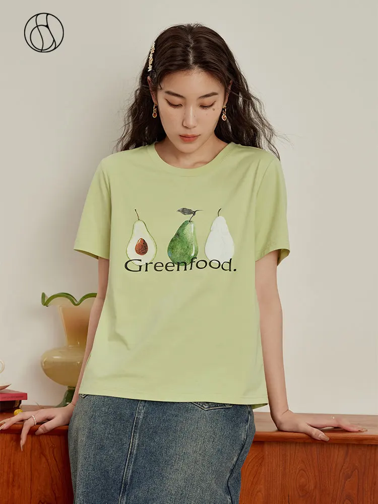 

DUSHU Women Cotton Green T-Shirts Printed Round Neck Short Sleeves Dropped Shoulder Sleeve Top Women Simple Summer Women Tees