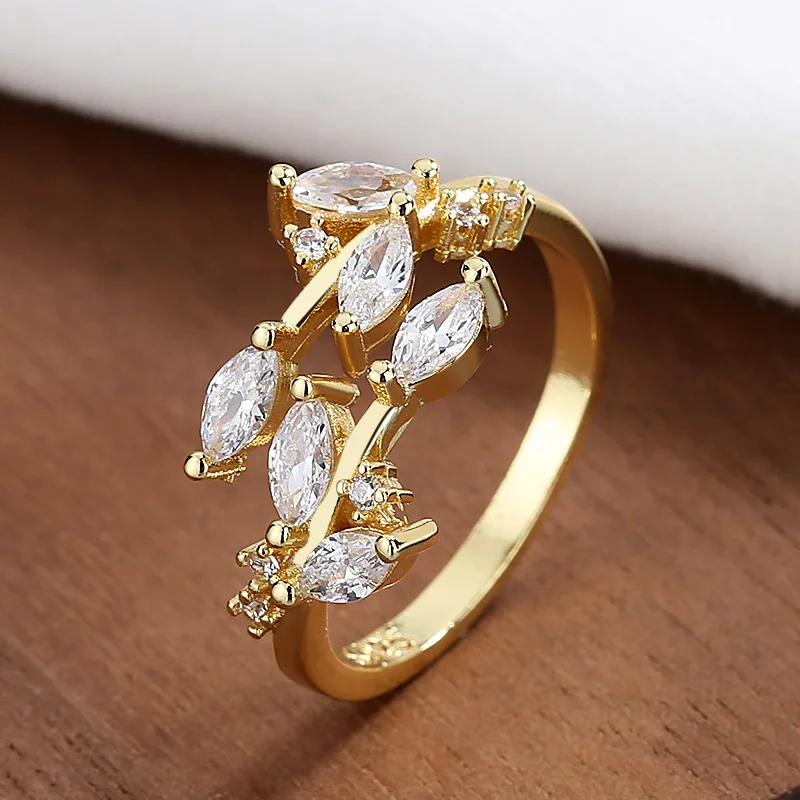 

Zircon Crystal Leaf Rings For Women Stainless Steel Gold Color Wedding Ring Finger Trendy Luxury Jewelry Party Gifts bague