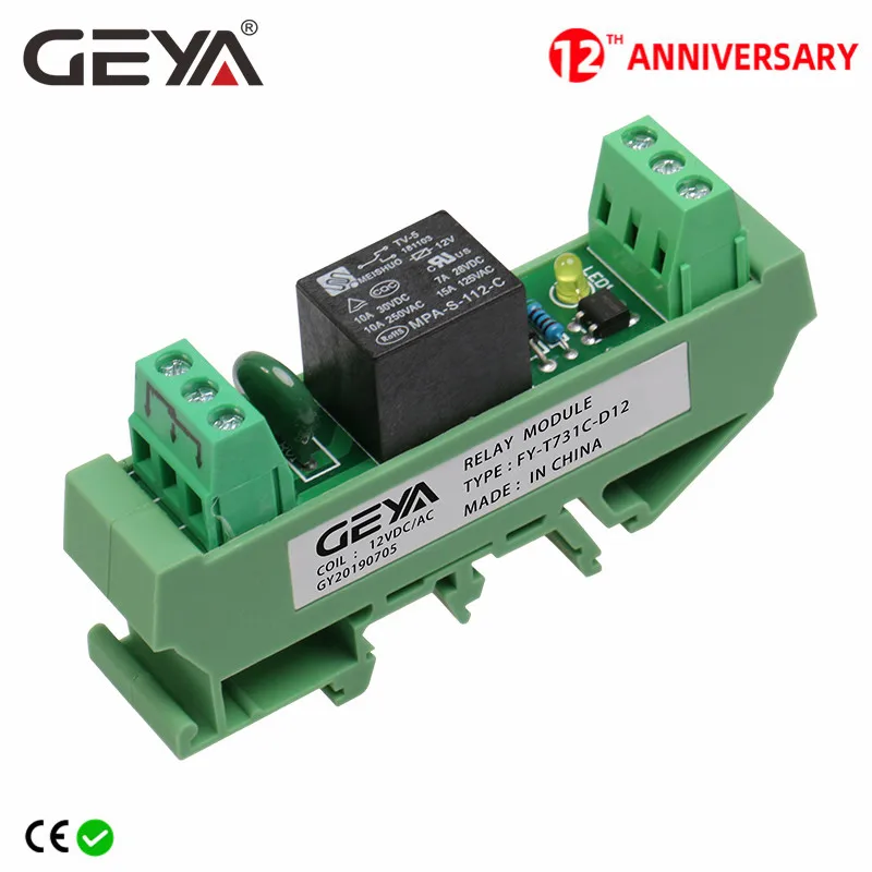 

GEYA Din Rail 1 Channel Relay Board 5V 12V 24V 48V 110V 230V Relay Module with Interface Electromagnetic Relay NPN PNP