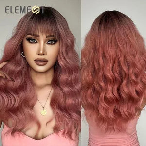 ELEMENT Synthetic Wig Long Medium Wavy Ombre Pink Dark Root with Bangs Wigs for Women Party Daily Lolita Hair Heat Resistant