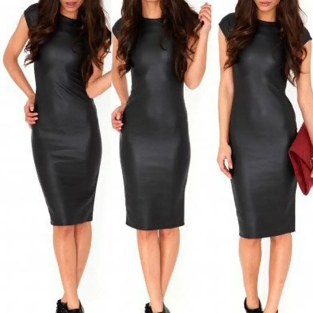 

New Sexy Faux Leather Solid Color Bodycon Women Slim Fit Short Sleeve Midi Dress