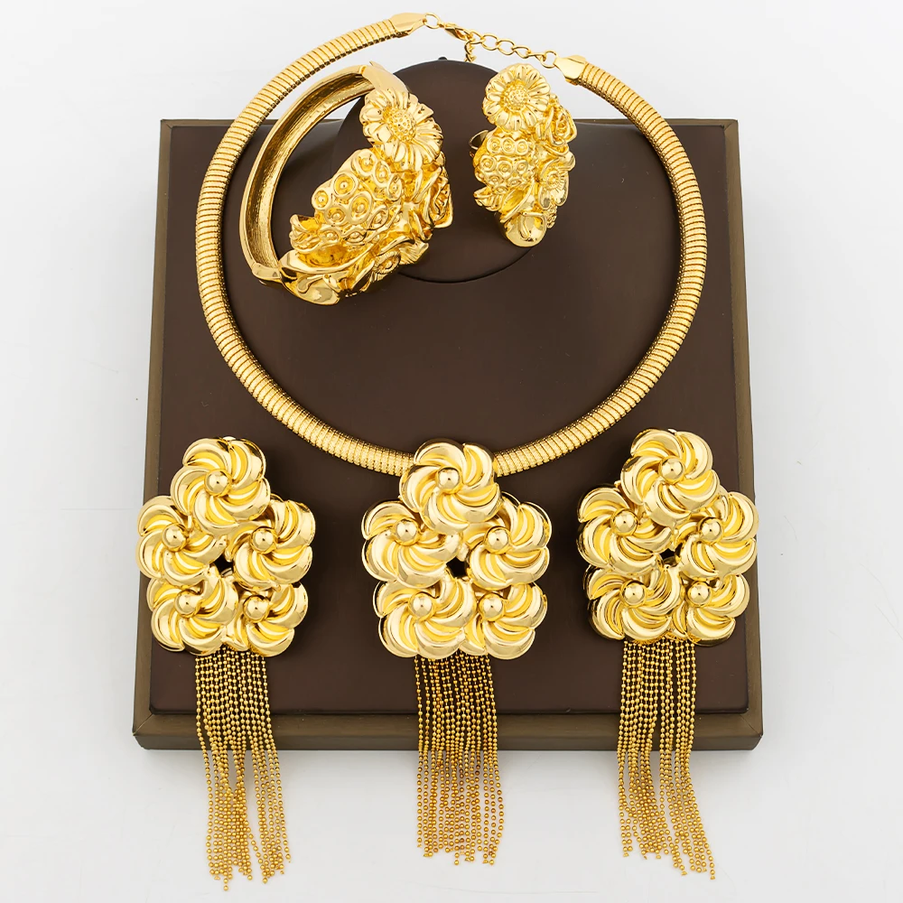 

Luxury Flower Design Jewellery Large Long Earrings and Pendant Necklace with Bangle Ring 4Pcs Set for Weddings Party Jewelry Set