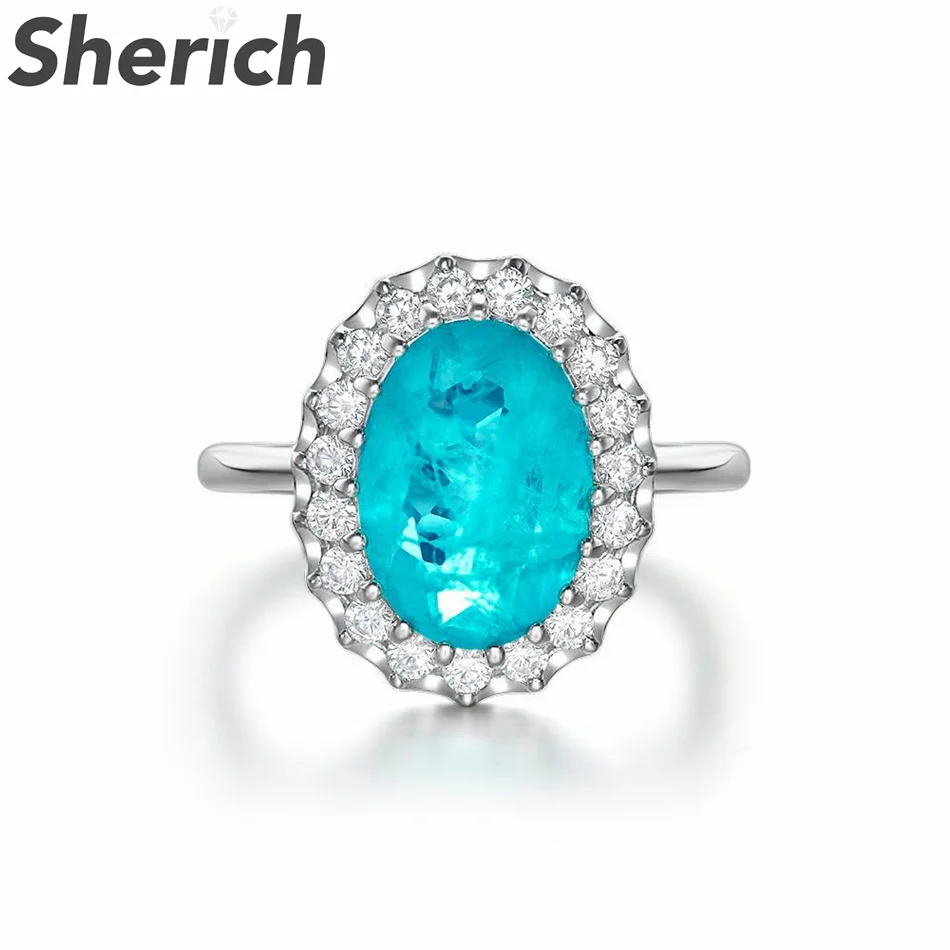 

Sherich 10 Carat Synthetic Paraiba Egg Shape High Carbon Diamond S925 Sterling Silver Ring Women's Banquet Fine Jewelry 2022 New