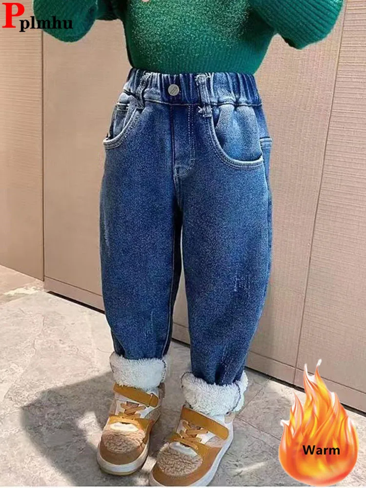 

Gilrs Velvet Lined Jeans Harem Pants Winter New Plush Baggy Kids Vaqueros Pantalones Vintage Thick Warm Children Denim Calca