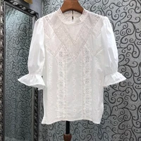 100cotton blouse 2022 summer fashion white tops high quality women lace embroidery deco flare sleeve casual vintage tops female