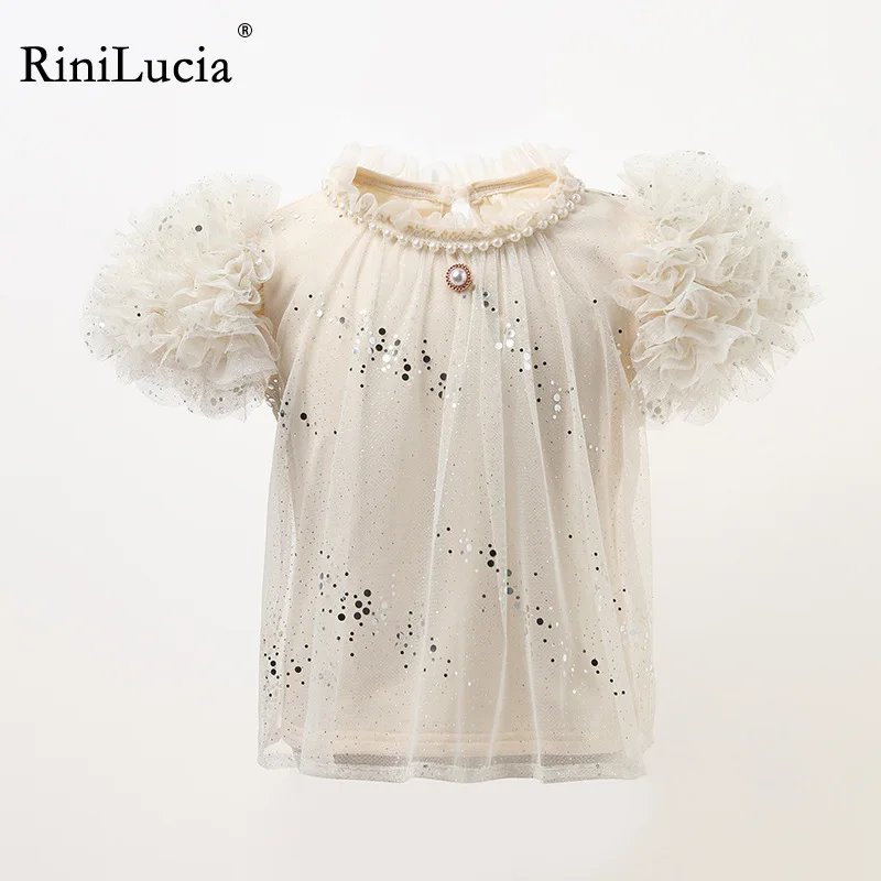 

RiniLucia 2023 New Shirts Summer Solid Short Sleeve Tulle Pealrs Sequined Girls T Shirts Kids Tops for Girl Children Clothing